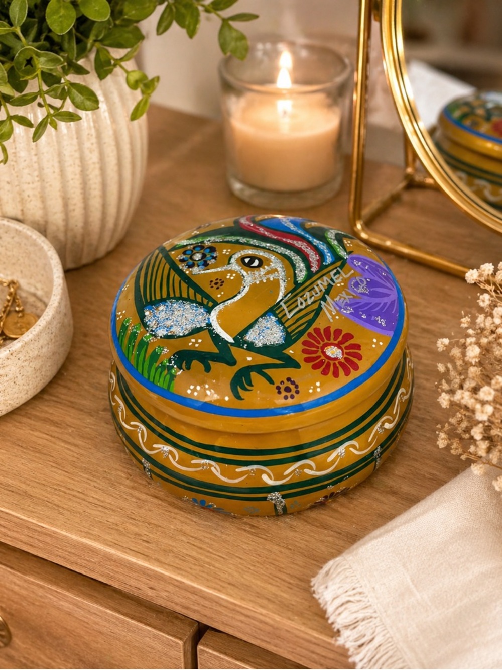 Hand Painted Cozumel Mexico Trinket Box Turtle Folk Art Colorful Souvenir
